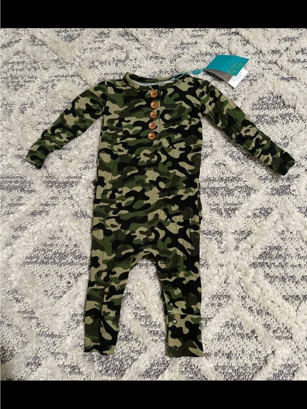 NWT Posh Peanut Henley Long Sleeve Ruffle Romper - 6-9 Months Cadet Camo Bamboo